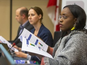 Councillor Arielle Kayabaga, Elizabeth Peloza and Stephen Turner listen to the city treasurer as the Multi-Year budget is tabled at city council chambers in London, Ont. on Tuesday December 17, 2019.  (Mike Hensen/The London Free Press)