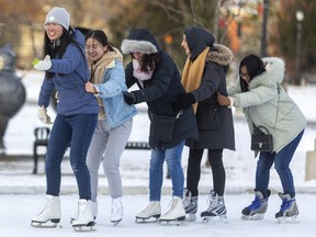With a leader Rachel Li, Western University chemistry students Vicky Han, Noura Nachar, Suendues Noori and Yichun Zhao learn to skate at the Victoria Park skating rink. (Mike Hensen/The London Free Press)