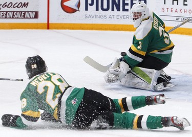 London Knights' goalie Dylan Myskiw blocks a shot against the Peterborough Petes during first second OHL action on Thursday December 5, 2019 at the Memorial Centre in Peterborough, Ont.