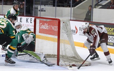 Peterborough Petes' Liam Kirk attempts a wraparound shot against London Knights' goalie Dylan Myskiw during second period OHL action on Thursday December 5, 2019 at the Memorial Centre in Peterborough, Ont.