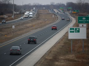 Highway 402 in Sarnia is shown here on Thursday. The speed limit has been increased to 110 km/h on the highway running between Sarnia and London as part of a provincial pilot project. So far, during the pilot that began in late September, the OPP hasn't see an increase in traffic incidents or average speeds.