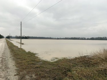 A flooded field east of Kimball Road on Langstaff Line on Monday. (JAKE ROMPHF/Postmedia Network)