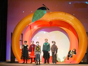 From left, Aiva Barley as Spider, Paige Balogh as Ladybug, Isaac Szoldatits as James, Leo Sigut as Grasshopper, Sawyer Eidt as Earthworm and Jackson McMullin as Centipede are among the 35 children aged 11-13 featured in the Palace Theatre's London Youth Theatre Education production James and the Giant Peach Jr. (ROSS DAVIDSON photo)