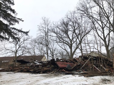 Only rubble could be seen Friday morning on the site at 247 Halls Mills Rd. in Byron, the site of historic barn that just this week had received heritage designation.  (Jonathan Juha, The London Free Press)