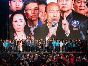 Han Kuo-yu, the presidential candidate for the Kuomintang party, speaks during a campaign rally ahead of Saturday's presidential election, on January 9, 2020 in Taipei, Taiwan. Taiwan will go to the polls on Saturday after a campaign in which fake news and the looming shadow of China and its repeated threats of invasion have played a prominent role in shaping debate. Ensuring Taiwan's democratic way of life has dominated an election cycle which will be closely fought between incumbent, anti-China president Tsai Ing-wen and the more pro-Beijing challenger Han Kuo-yu. (Photo by Carl Court/Getty Images)