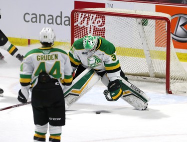 Windsor, Ontario. January 23, 2020.  London Knights goaltender Brett Brochu hangs his head after goal by Windsor Spitfires in first period of OHL action at Windsor's WFCU Centre Thursday. (NICK BRANCACCIO/Windsor Star)