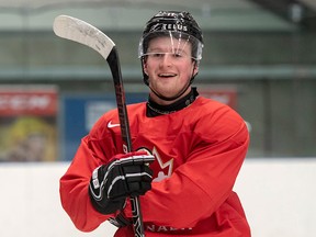 Canada's Alexis Lafreniere smiles during practice at the World Junior Hockey Championships in Ostrava, Czech Republic, Friday, Dec. 27, 2019.