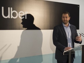 Michael van Hemmen, head of Western Canada for Uber, speaks to reporters at a media conference in Vancouver on Jan. 29, 2020 to announce the company is seeking an injunction to stop Surrey from ticketing its drivers.