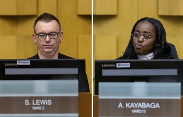 Coun. Shawn Lewis and Coun. Arielle Kayabaga. (DEREK RUTTAN, The London Free Press)