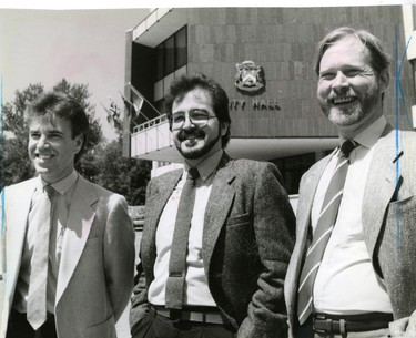 Visual communications specialists Clark Spencer, Gary Ludwig and Peter Francey, hired to size up London's image and find ways to improve it, 1985. (London Free Press files)