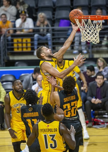 The London Lightning's Garrett Willamson lays up two points during their basketball game against the Sudbury Five at the Budweiser Gardens in London, Ont. on Sunday January 5, 2020. Derek Ruttan/The London Free Press/Postmedia Network