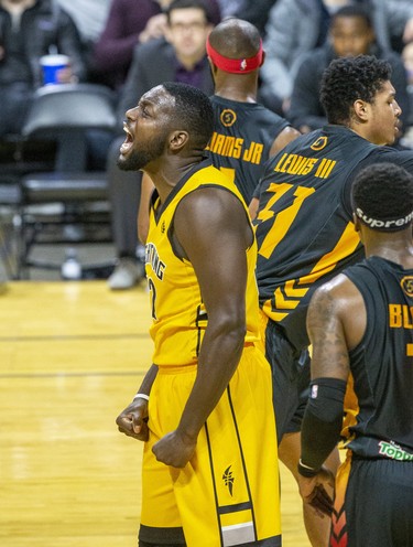 The London Lightning's  Randy Phillips howls after being award a free throw after scoring a field goal during their basketball game against the Sudbury Five at the Budweiser Gardens in London, Ont. on Sunday January 5, 2020. Derek Ruttan/The London Free Press/Postmedia Network