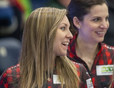 Canadian skip Rachel Homan and teammate Lisa Weagle are all smiles after defeating Team Europe during the opening round of the Continental Cup at the Western Fair Sports Centre in London, Ont. on Thursday Jan. 9, 2020. The Canadian's won the contest 6-5. Derek Ruttan/The London Free Press