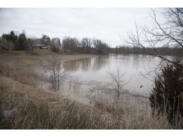 The Thames River spilled its banks north of Dutton after record amounts of rain fell over the weekend.  Water remained high on Monday. (Derek Ruttan/The London Free Press)