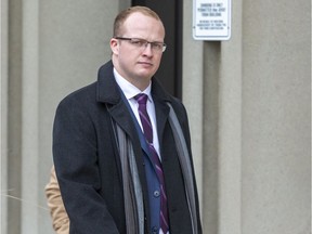 London police constable Travis Buckle leaves the London Courthouse during a break in his trial for assault causing bodily harm in the Feb. 10, 2019, arrest injury of Dale Delany. Photo shot in London, Ont. on Wednesday January 15, 2020. (Derek Ruttan/The London Free Press)