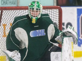 London Knights goalie Dylan Myskiw during team practice at the Western Fairs Sports Centre in London, Ont. on Thursday January 16, 2020. Derek Ruttan/The London Free Press/Postmedia Network