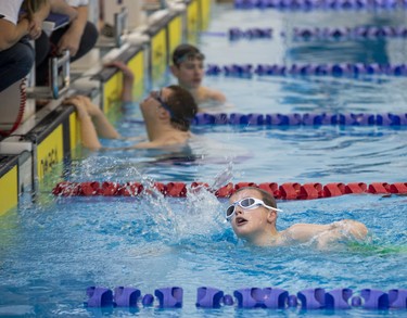 Bradley Van Alten of Cambridge finishes the 100M freestyle during the 3rd Annual London Gliders Swim Meet. 180 swimmers from 12 clubs across Southwestern Ontario competed in the Special Olympics meet at the Aquatic Centre in London on Sunday January 19, 2020.  Derek Ruttan/The London Free Press/Postmedia Network