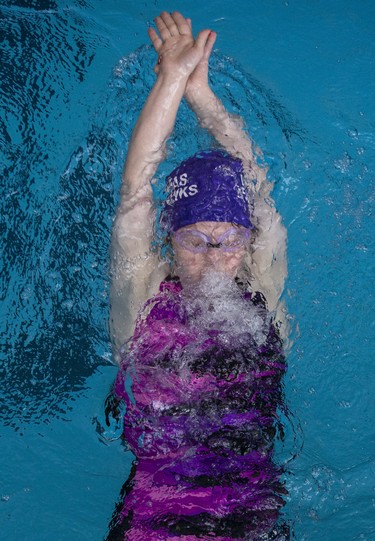 Bobbi-Lyn Cleland of the Dundas Seahawks competes in the 100m backstroke during the 3rd Annual London Gliders Swim Meet. 180 swimmers from 12 clubs across Southwestern Ontario competed in the Special Olympics meet at the Aquatic Centre in London on Sunday January 19, 2020.  Derek Ruttan/The London Free Press/Postmedia Network