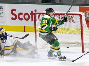 Max McCue of the London Knights celebrates after beating Erie Otters goalie Daniel Murphy for his first goal in the OHL during the third period of their game at Budweiser Gardens in London, Ont. on Sunday January 19, 2020. Derek Ruttan/The London Free Press