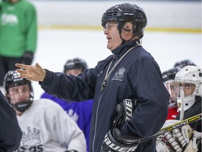 Komoka Kings coach Ron Horvat speaks to players during practice at the Komoka Wellness and Recreation Centre in London, Ont. on Tuesday Jan. 21, 2020. (Derek Ruttan/The London Free Press)