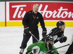 London Knights head coach Dale Hunter oversees practice at Budweiser Gardens in London, Ont. on Wednesday Jan. 22, 2020. Hunter could win his 800th OHL game Thursday Jan. 23 if his London Knights beat the Windsor Express in Windsor. (Derek Ruttan/The London Free Press)
