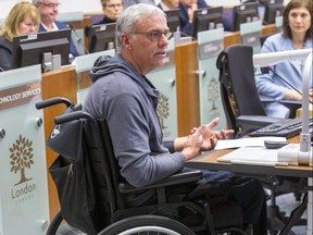 Gerry LaHay asks council to make improvements to the sidewalk snow removal process during a public input budget session at city hall in London, Ont. on Thursday January 23, 2020. (Derek Ruttan/The London Free Press)