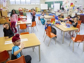 Madame Jessica DaCosta's senior kindergarten class at Jeanne Sauvé French Immersion Public School in London, Ont. on Tuesday. (Derek Ruttan/The London Free Press)