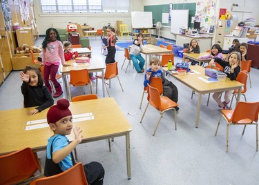 Madame Jessica DaCosta's senior kindergarten class at Jean Sauve French Immersion Public School in London, Ont. on Tuesday. (Derek Ruttan/The London Free Press)