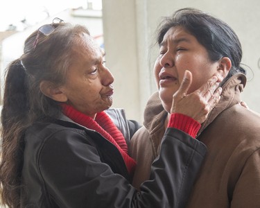 Denise Elijah consoles her niece Cindy Chrisjohn outside the courthouse in London on Friday. Chrisjohn became emotional while speaking to media about her sister, Debra Chrisjohn, who died while in police custody. London police Const. Nicholas Doering was found guilty of criminal negligence causing death and failing to provide the necessaries of life in the 2016 death. Derek Ruttan/The London Free Press/Postmedia Network