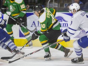 Antonio Stranges of the Knights had the sole goal of the first period against Mississauga in their game Friday night at Budweiser Gardens in London, Ont. 
Photograph taken on Friday January 3, 2020.  (Mike Hensen/The London Free Press)