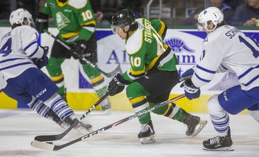 Antonio Stranges of the Knights had the sole goal of the first period against Mississauga in their game Friday night at Budweiser Gardens in London, Ont. 
Photograph taken on Friday January 3, 2020. 
Mike Hensen/The London Free Press/Postmedia Network