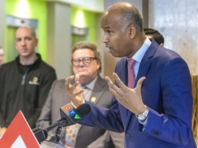 Ahmed Hussen, federal minister in charge of housing, talks about the investment of $130-million into the construction of two residential towers at Fullarton Street and Dufferin Avenue near downtown London. Old Oak is building the project, dubbed Centro, which will have 110 of its 420 units as affordable housing. Also at the announcement was Old Oak CFO Jeff Martin, Mayor Ed Holder, and London North Centre MP Peter Fragiskatos. (Mike Hensen/The London Free Press)