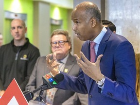 Ahmed Hussen, federal minister in charge of housing, talks Wednesday about the investment of $130-million into the construction of two residential towers at Fullarton Street and Dufferin Avenue near downtown London. Old Oak is building the project, dubbed Centro, which will have 110 of its 420 units as affordable housing. Also at the announcement was Old Oak CFO Jeff Martin, Mayor Ed Holder, and London North Centre MP Peter Fragiskatos. (Mike Hensen/The London Free Press)