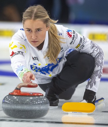 Sweden's Sara McManus tests the ice at the Western Fair Sports Centre on Wednesday as the European players took to the rinks for their first practice for the Continental Cup, which starts Thursday in London. (Mike Hensen/The London Free Press)