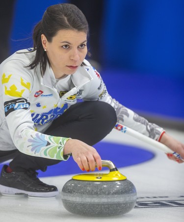 Switzerland's Esther Neuenschwander tests the ice at the Western Fair Sports Centre Wednesday as the European players took to the rinks for their first practice for the Continental Cup, which starts Thursday in London. (Mike Hensen/The London Free Press)