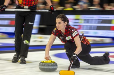 Lisa Weagle delivers a rock during the mixed doubles matches at the Continental Cup curling competition Saturday January 11, 2020 at the Western Fair Sports Centre in London. Weagle and John Epping lost 8-4 to Melanie Barbezat and Peter De Cruz.
Mike Hensen/The London Free Press/Postmedia Network