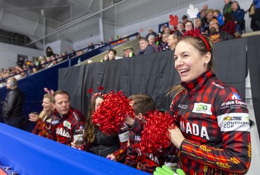 Rachel Brown of Team Canada gets out the pom-poms before the mixed doubles matches at the Continental Cup curling competition began Saturday January 11, 2020 at the Western Fair Sports Centre in London. Brown had some work ahead of her, as the marquee duo of Rachel Homan and Ben Hebert went down 4-0 after the first end, and 7-0 after two ends to Eve Muirhead and Bobbie Lammie of Europe. The match ended after 7 ends with Europe winning 10-2. Mike Hensen/The London Free Press/Postmedia Network