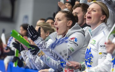 Jennifer Dodds and Vicky Wright, both of Scotland and playing for Europe, have a lot to cheer about as the mixed doubles matches at the Continental Cup curling competition began Saturday January 11, 2020 at the Western Fair Sports Centre. Mike Hensen/The London Free Press/Postmedia Network