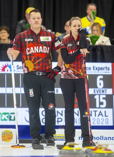 Ben Hebert and Rachel Homan of Team Canada can't hide their disappointment after falling behind 7-0 after two ends to Europe's mixed doubles duo of Eve Muirhead and Bobbie Lammie at the Continental Cup curling competition Saturday January 11, 2020 at the Western Fair Sports Centre. The match ended after 7 ends with Europe winning 10-2. Mike Hensen/The London Free Press/Postmedia Network