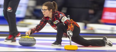 Selena Njegovan delivers a rock during the mixed doubles competition at the Continental Cup at the Western Fair Sports Centre in London. Njegovan and BJ Neufeld tied 7-7 with the European duo of Agnes Knochenhauer and Rasmus Wrana. Photograph taken on Saturday January 11, 2020. Mike Hensen/The London Free Press/Postmedia Network