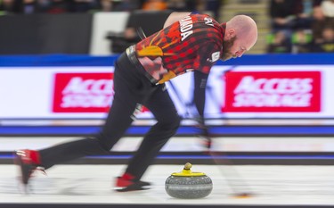 BJ Neufeld sweeps his own rock in the mixed doubles competition at the Continental Cup at the Western Fair Sports Centre in London. Neufeld and partner Selena Njegovan tied 7-7 with the European duo of Agnes Knochenhauer and Rasmus Wrana.
Photograph taken on Saturday January 11, 2020. Mike Hensen/The London Free Press/Postmedia Network