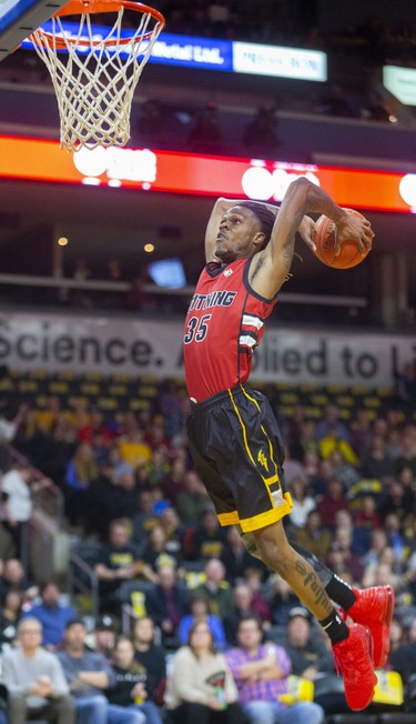 AJ Gaines Jr. of the London Lightning flies in for a two-handed dunk against the Windsor Express in their NBL game Saturday night at Budweiser Gardens in London. Photograph taken on Saturday January 11, 2020. Mike Hensen/The London Free Press/Postmedia Network