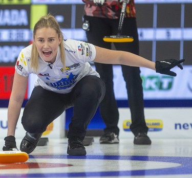 Sweden's Sara McManus yells instructions to sweepers  during their skins match Sunday afternoon against Canada's BJ Neufeld on the final day of the Continental Cup being played Sunday at the Western Fair Sports Centre in London, Ont. 
Photograph taken on Sunday January 12, 2020. 
Mike Hensen/The London Free Press/Postmedia Network