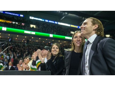 Patrick Kane and his girlfriend Amanda Grahovec watch as his No. 88 for the London Knights is retired at Budweiser Gardens on Friday. (Mike Hensen/The London Free Press)