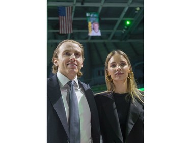 Patrick Kane and his girlfriend Amanda Grahovec watch as his No. 88 for the London Knights is retired at Budweiser Gardens on Friday. (Mike Hensen/The London Free Press)