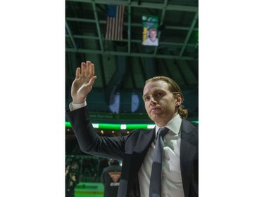 Patrick Kane waves to the crowd after watching his No. 88 from the London Knights retired at Budweiser Gardens on Friday. (Mike Hensen/The London Free Press)