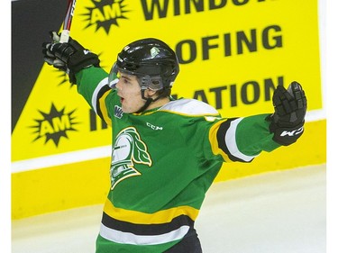 Jonathan Gruden celebrates after scoring the Knights' first goal against the Sudbury as the London Knights took on the Sudbury Wolves Friday at Budweiser Gardens. (Mike Hensen/The London Free Press)