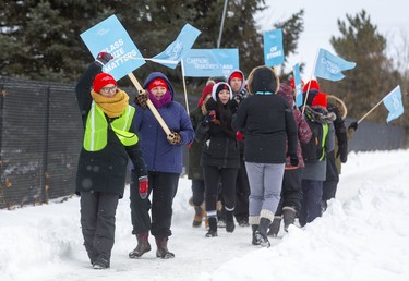 The Ontario English Catholic Teachers’ Association’s one-day strike included pickets at St. Thomas Aquinas in London. (Mike Hensen, The London Free Press)