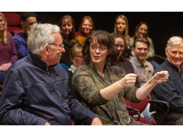 Actor Rebecca Northan interacts with an audience member during a performance of Duncan Macmillan's  Every Brilliant Thing  Tuesday Jan. 21, 2020 at the Grand Theatre McManus stage. The play has been extended to Feb. 8. (Mike Hensen/The London Free Press)