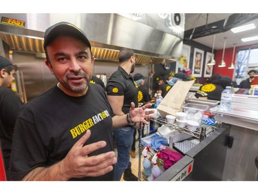 Alaa Senjab of Burger Factory has a full crew working as he had a lineup out the door at his new restaurant serving halal beef on Fanshawe Park Road just west of Adelaide in London, Ont.  Photograph taken on Friday January 24, 2020.  Mike Hensen/The London Free Press/Postmedia Network